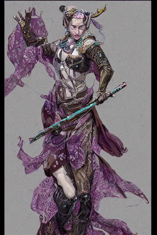 Prompt: female changeling dancer in floral - patterned light armor, wielding a decorated halberd, barefoot in sandals, wearing noh theatre mask, capricious, energetic, provocative, realistic proportions, reasonable fantasy, in the style of dnd illustration, tabletop rpg.