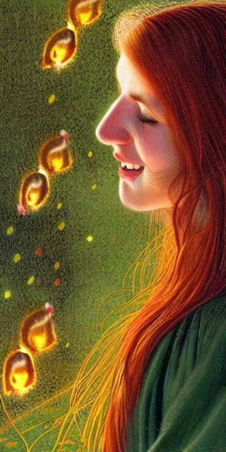 Prompt: infp young woman, smiling, amazed by golden fireflies lights, sitting in the midst of nature fully covered, long loose red hair, intricate linework, green eyes, small nose with freckles, oval shape face, realistic, expressive emotions, dramatic lights, hyper realistic ultrafine art by artemisia gentileschi, albert bierstadt, artgerm