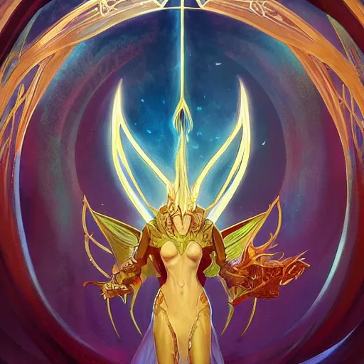 Prompt: the second nicol bolas, in the style of magic the gathering, art by artgerm and greg rutkowski and alphonse mucha, cosmic, heavenly, god rays, intricate detail, cinematic, 8 k, cel shaded, unreal engine, featured on artstation, pixiv