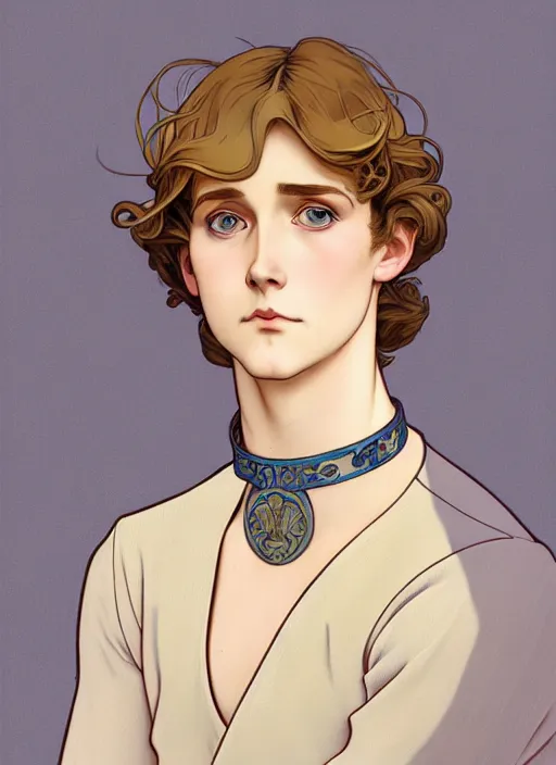 Prompt: art nouveau portrait of a pretty young man with short light brown straw blond hair, light blue eyes, sad expression, scared, head down, shy and demure, wearing a choker collar, natural lighting, path traced, highly detailed, high quality, cartoon, digital painting, by don bluth and ross tran and studio ghibli and alphonse mucha