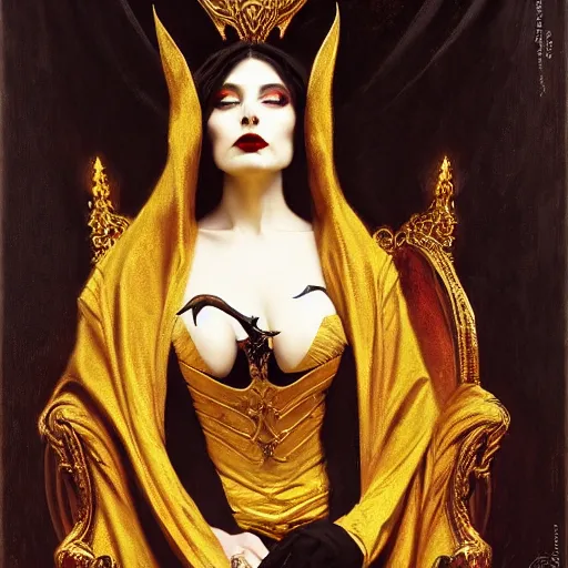 Image similar to perfectly centered portrait of attractive vampire queen in gold gothic robe sitting on a throne of black bones, painting by gaston bussiere, craig mullins, j. c. leyendecker, 8 k, mid shot