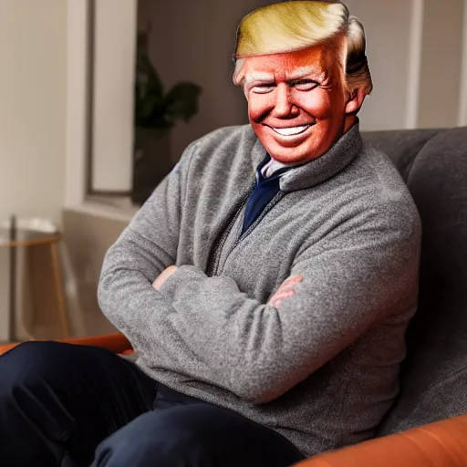 Prompt: Portrait Photo of Donald Trump smiling creepy into the camera in a monkey body, gray hair, smiling softly, realistic, 4k/8, real, photoshooting, relaxing on a modern couch, interior lighting, cozy living room background, medium shot, mid-shot, soft focus, professional photography, Portra 400