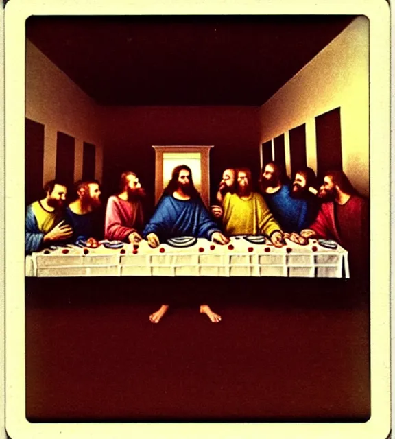 Prompt: the last supper jesus candid Polaroid instant film grain party smiling