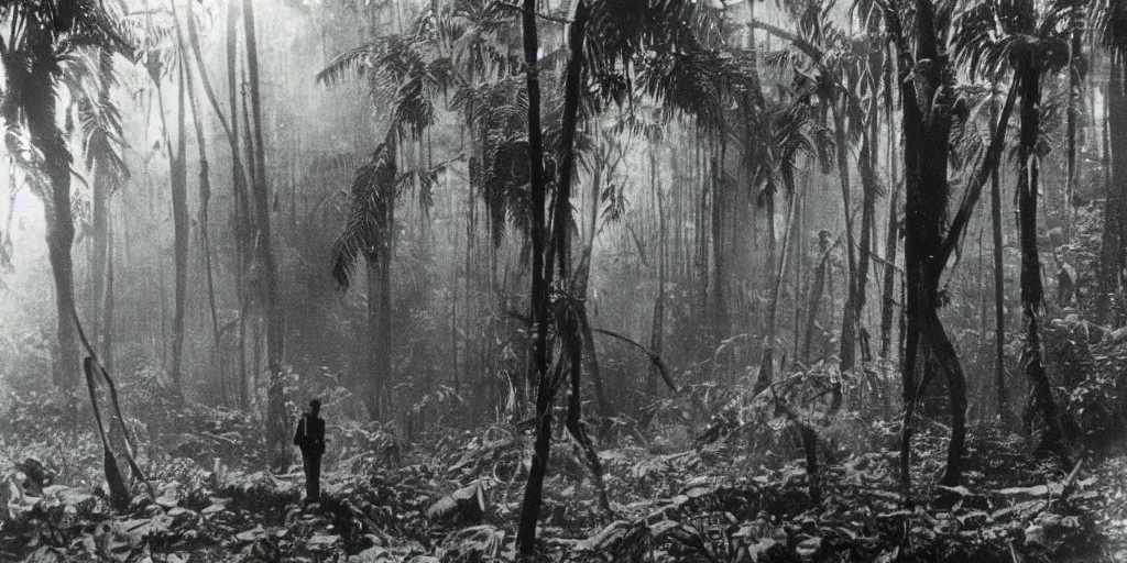 Image similar to a human researcher standing in the rainforest, post - apocalypse, cinematic by hugh ferriss