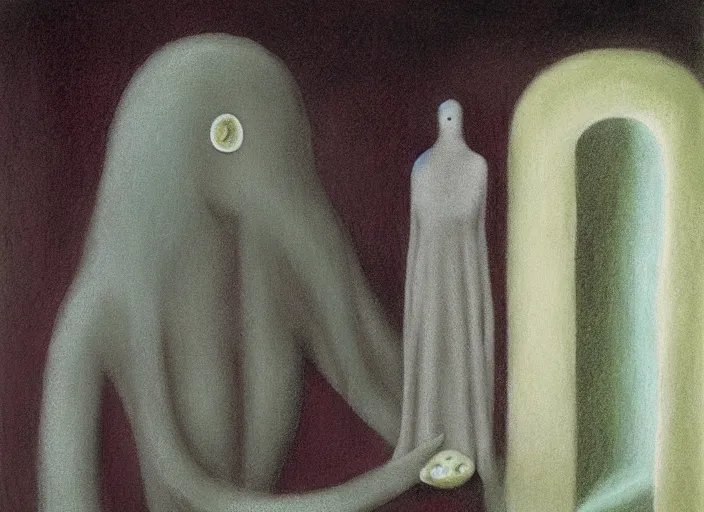 Image similar to imprisoned ancient eldritch female goddess by gertrude abercrombie and leonora carrington, pastel colors