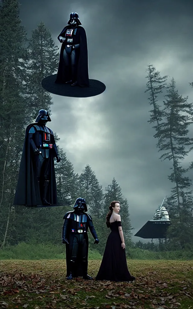 Image similar to darth vader anb bella from twillight staying together in front of, on the background star destroyer landed on the wood ground in the twilight saga movie, shot from the twillight movie