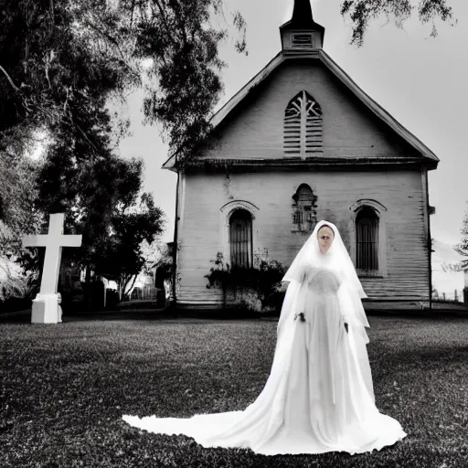 Image similar to picture of ghostly bride in front of an old wooden white church, 1 9 th century southern gothic scene, taken by calatrava, santiago