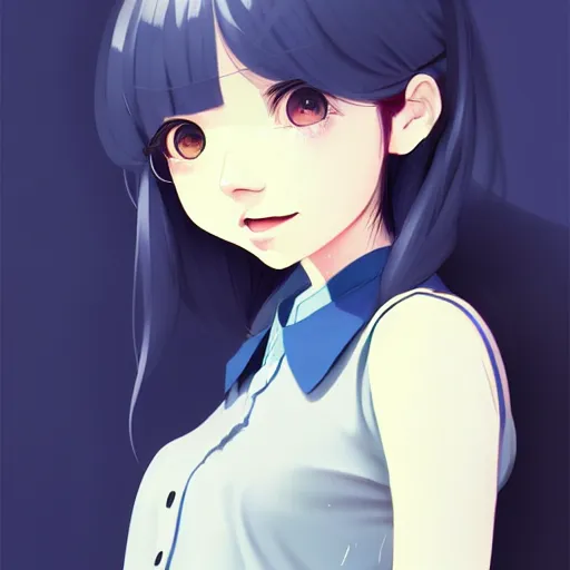 Image similar to urban school girl in shirt fanart, dark blue long hair, muted colors, matte print, pastel colors, ornate, digital art, cute smile, digital painting, fan art, elegant, pixiv, by Ilya Kuvshinov, by Studio Ghibli