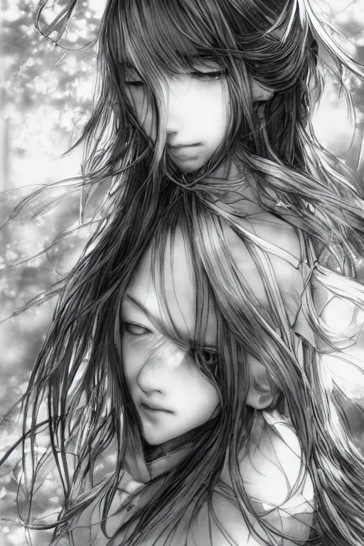 Image similar to a portrait of a character in a scenic environment by Yoshitaka Amano, black and white, dreamy, dark eyes, wavy silver hair, highly detailed