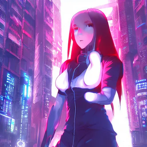 Image similar to anime cyberpunk movie still arcane, small female android cyborg - angel, glowing red left eye and glowing blue right eye, cinematic lighting, advanced digital cyberpunk art in the style of pokemon, wlop, rossdraws sakimimichan, ilya kuvshinov, krenz cushart, greg rutkowski - c 1 5