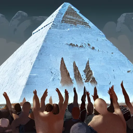 Image similar to ancient digital art, trending on artstation, civilization from antarctica worshiping their god in front of an iced pyramid.