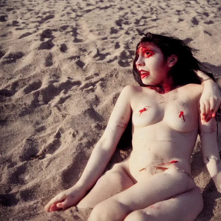 Prompt: portrait of an ancient vampire queen enjoying a day at the beach, 35mm photography