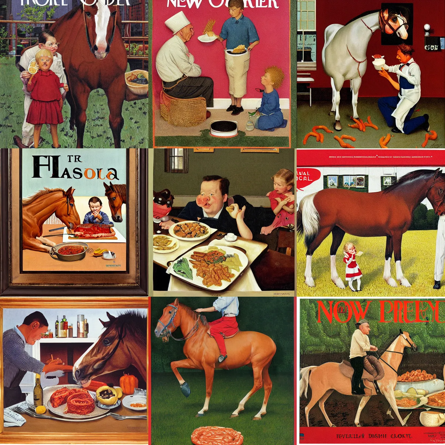 Prompt: horse placenta tv dinner, a new yorker ad painting by normal rockwell