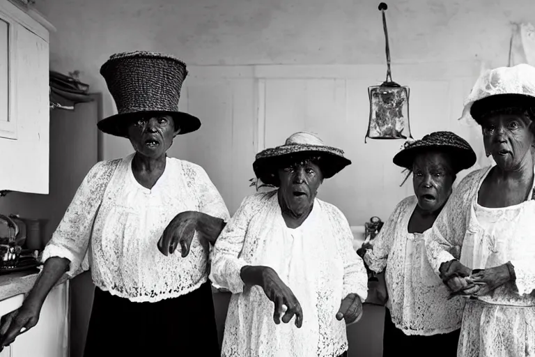 Image similar to close up of three old women from brittany with hats in white lace and black folk costumes in a kitchen. they look visibly angry