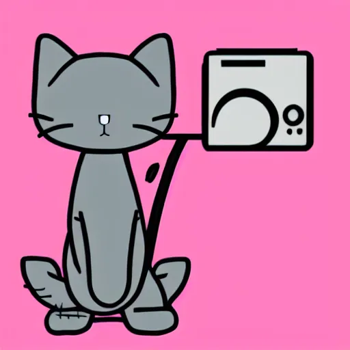 Prompt: cute grey cat pointing smg, japanese comic style, video game, pink background