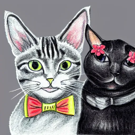 Image similar to portrait of grey tabby cat wearing a top hat and bow tie next to a black cat wearing a pearl necklace with flower headdress, detailed colored pencil drawing 4 k