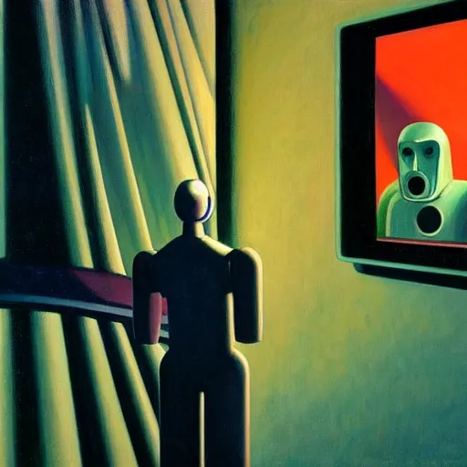 Prompt: a mesmerized robot staring at a computer screen, beams coming out of glowing eyes, portrait, pj crook, grant wood, edward hopper, syd mead, chiaroscuro, oil on canvas