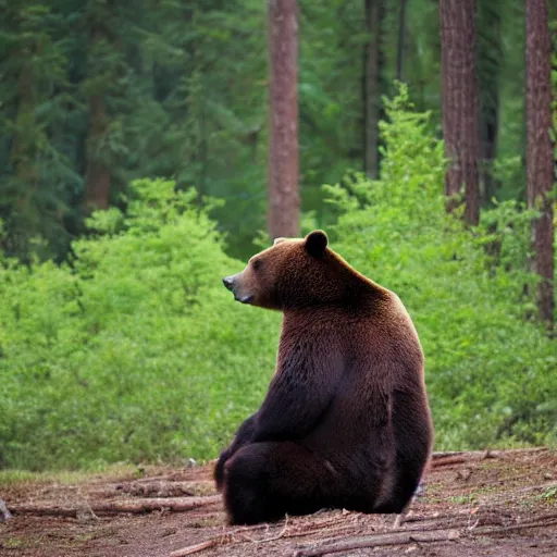 Prompt: a bear as a field news reporter in the forest, photograph