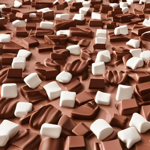 Prompt: River of chocolate in a field of marshmallows, octane render, volumetric lighting, 4K