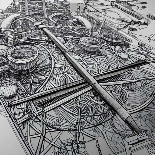 Image similar to hyper detailed comic illustration of a wind turbine blueprint, black ball pen on white paper, by Josan Gonzalez and Geof Darrow, simplistic