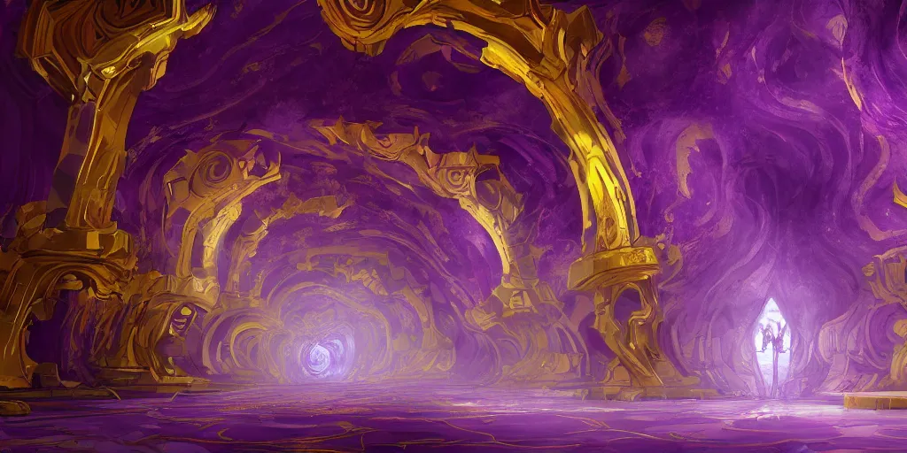 Prompt: ultrawide shot of purple marble hallway, giant gold pillars, floating purple geometric shapes, concept art, anato finnstark style,