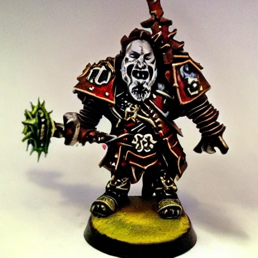 Image similar to chaos dwarf smith in the style of warhammer fantasy : : head and torso oil painting