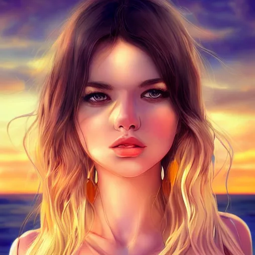 Prompt: portrait of beautiful!!!!!!!!!!! woman on the beach, symmetrical heterochromia eyes, sunset, highly detailed, bokeh, digital painting by wlop, rossdraws, artgerm.