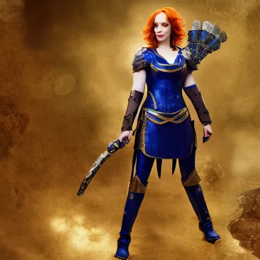 Image similar to full body photo of christina hendricks as a female warrior with lapis lazuli armour