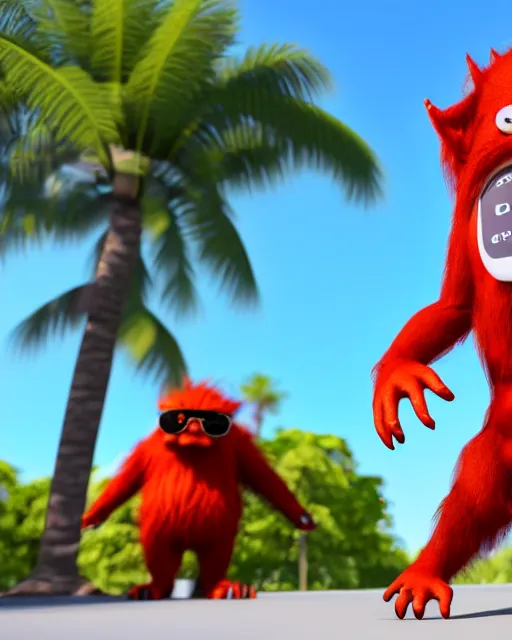 Image similar to 3 d render of completely red hairy friendly antropomorphic cartoony creature wearing white ray - ban shades, full body, simple, no nose, smiling, cute, white background, unreal engine 5 hdr