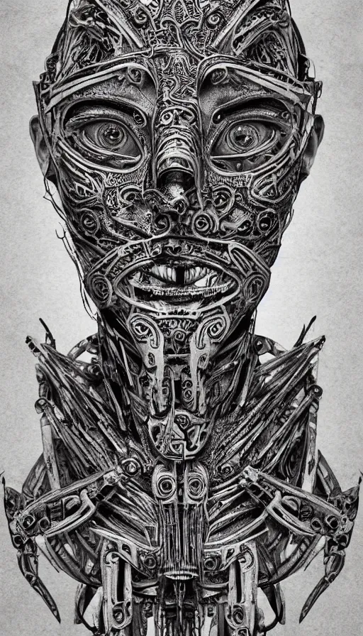 Image similar to ancient biomechanical hybrid aztec fantasy human face mask tattoo pattern concept, teonanacatl glyph, intricate artwork by, Alex Grey, Artgerm, H.R. Giger, very coherent artwork, cinematic, hyper realism, high detail, octane render, unreal engine, 8k, High contrast, higly detailed black ink outline