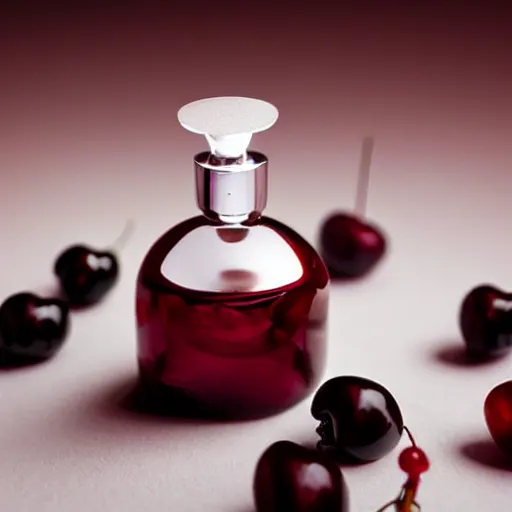 Prompt: perfume bottle and artistic dark red cherries, softly - lit, realistic, up close shot, white background, zen, light, modern minimalist f 2 0