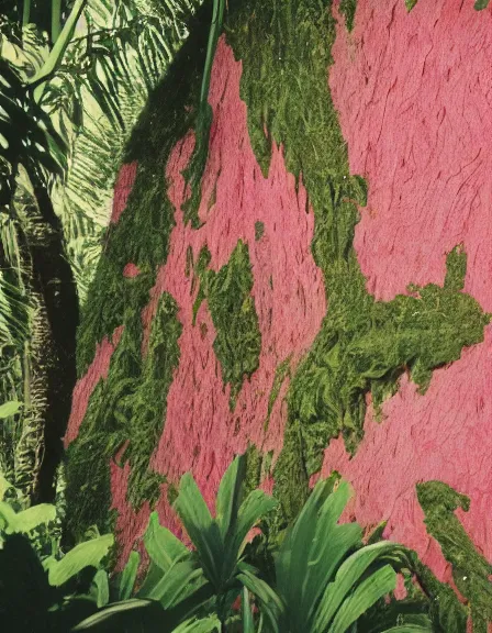 Prompt: vintage color photo of a giant 1 1 0 million years old abstract sculpture made of liquid pink and gold covered by the jungle vines