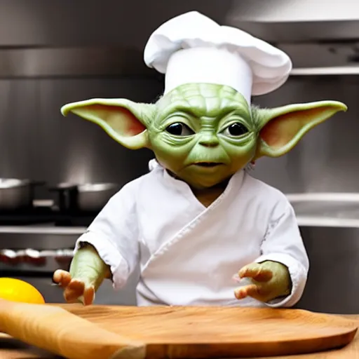 Image similar to tiny and innocent baby yoda appears as a chef wearing a white chefs hat and apron in a beautiful kitchen, preparing some food