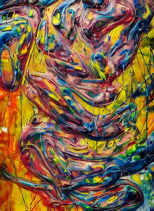 Image similar to abstract expressionism oil painting intertwined with a mutant biomorphic biological biogeometric structure, spray paint texture, drips, impasto paint, 3 d graffiti texture, brushstrokes, abstract, highly detailed, hyperealistic fresh paint, harmonious, chaotic, colorful, in the style of jenny saville