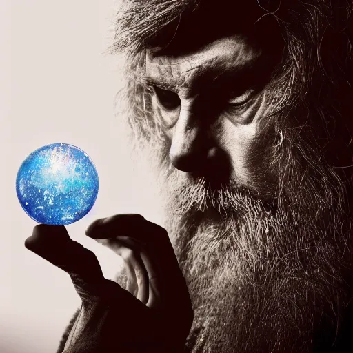 Prompt: Album cover of a Wizard pondering his orb