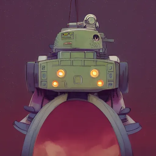 Prompt: a beautiful movie still in the style of Studio Ghibli anime showing a 3/4 view of an adorable mouse tank mecha. Studio Ghibli, aerial photography, wide angle lens, trending on artstation, trending on behance