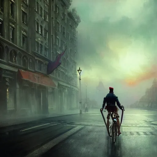 Image similar to cinematic shot epic portrait david bowie riding a bicycle in the streets, atmospheric, cloudy, broad light, ambient occlusion, volumetric light effect, made by ivan aivazovsky, peter mohrbacher, greg rutkowski, ross tran, matte painting, trending on artstation, 4 k, perfectly defined features, digital painting, cinematic, epic, highly detailed,