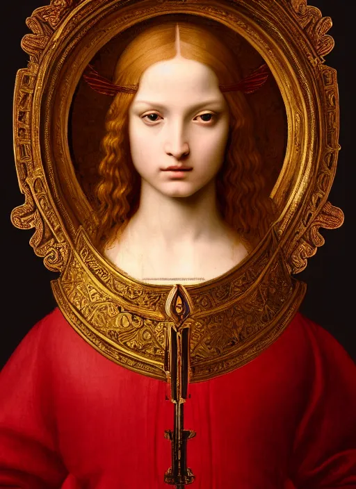 Image similar to a beautiful intricate renaissance painting portrait of an angel aasimar knight in heavy ornate red metal armor with a shining golden heavenly sword, by Raphael, Leonardo DaVinci, great masterpiece, award winning historic painting, dynamic composition, trending on artstation,4k, 8k