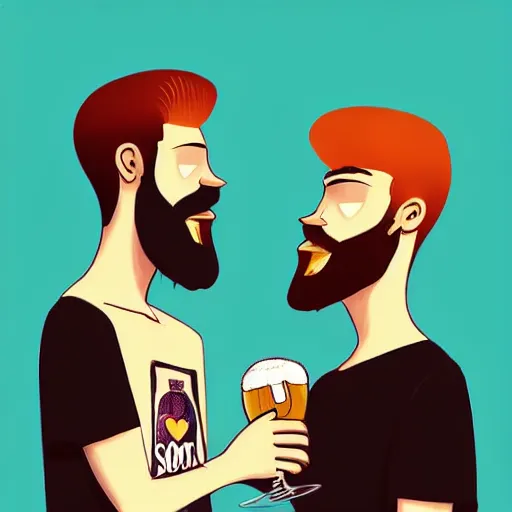 Image similar to two beautiful chad men drinking beers, many white hearts, friendship, love, sadness, dark ambiance, concept by Godfrey Blow, featured on deviantart, drawing, sots art, lyco art, artwork, photoillustration, poster art