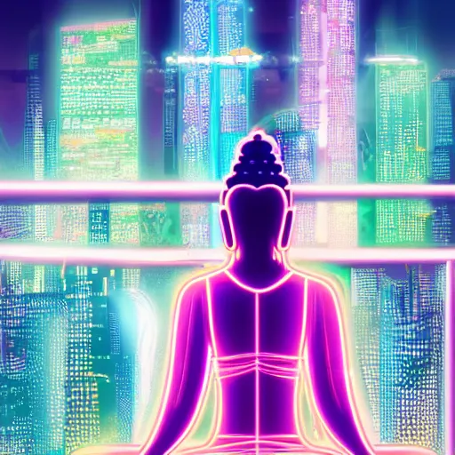 Prompt: The Buddha meditation on top a skyscraper, cyberpunk style, city, artstation, digital art, very detailed, colourful, neon, anime, 8K