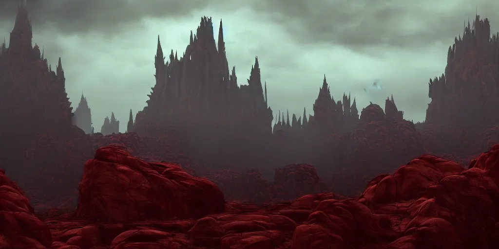 Prompt: dramatic render of a cathedral, gothic architecture, tall spires, top of a red rock canyon, vultures, 24mm angle, concept art by studio ghibli and eddie mendoza, atmospheric, moody, dark, cinematic, volumetric lighting, 8K