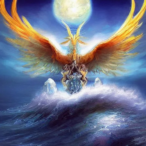 Image similar to a beautiful, celestial, oceanic drakopegasus rising from the sea, fantasy art,