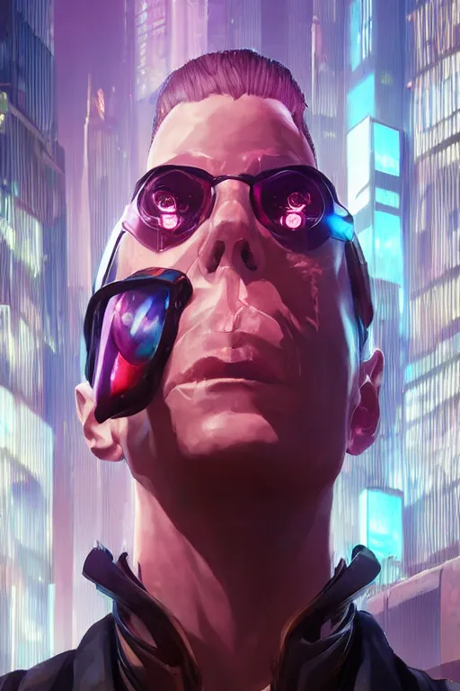 Image similar to cyberpunk horrific villain charismatic man, behance hd. by wlop, rhads, makoto shinkai, ilya kuvshinov, igor goryunov artgerm. ray tracing hdr radiating a glowing aura