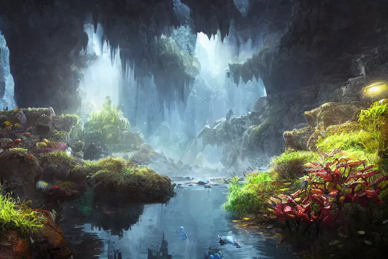 Image similar to beautiful stunning painting of a deep mysterious rocky varied cave landscape filled with large magic glowing clear crystals and filled with some ((plants)) and a small reflective pond, fantasy, digital art, realism, unreal engine, sharp, detailed, trending on artstation