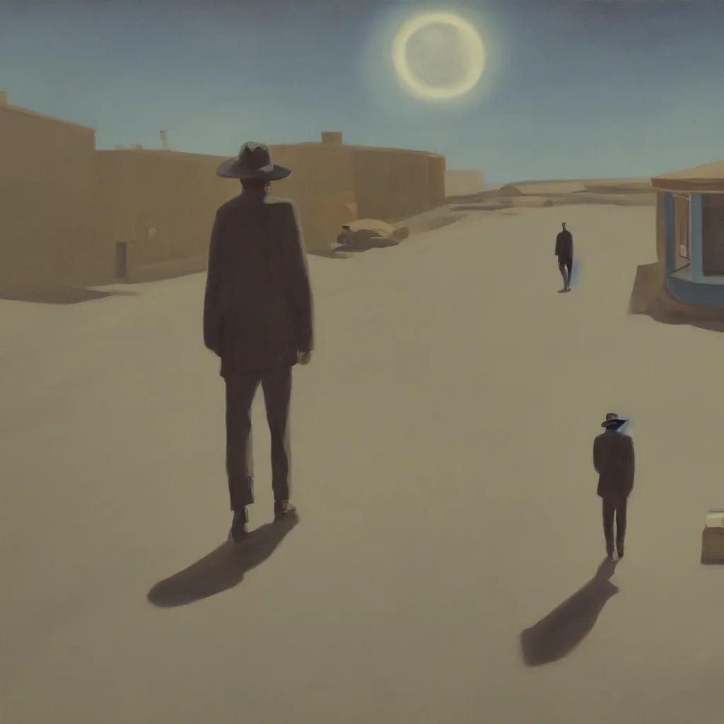 Prompt: a painting of a man walking down a lonely street on another planet at night and the sky is the universe, the head of the man is a skull, he is wearing a trenchcoat, in the style of edward hopper, 4 k,