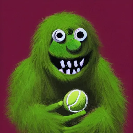 Image similar to a tennis ball monster ,tennis ball, chalk, digital art, fantasy, magic, trending on artstation, ultra detailed, professional illustration by Basil Gogos