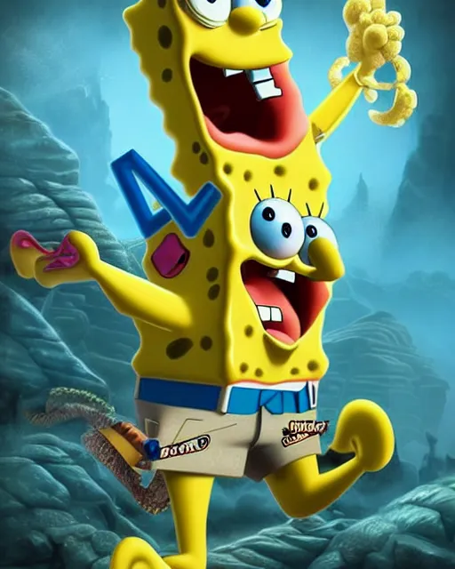 Prompt: Spongebob as an Apex Legends character digital illustration portrait design by, Mark Brooks and Brad Kunkle detailed, gorgeous lighting, wide angle action dynamic portrait