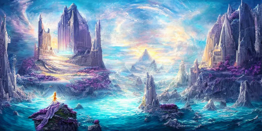 Image similar to aggressive goddess, crystal clear atlantis architectural marvels, crisp realistic fantasy art painting