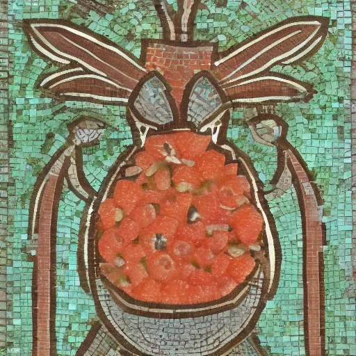 Image similar to a rabbit eating raspberries in the style of ancient mosaic