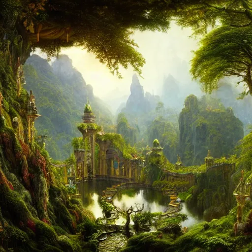 Image similar to a beautiful and highly detailed matte painting of an epic palace in a magical fantasy garden in a lush forest in the mountains, intricate details, epic scale, insanely complex, hyperdetailed, artstation, cgsociety, 8 k, sharp focus, hyperrealism, by caspar friedrich, albert bierstadt, james gurney, brian froud,